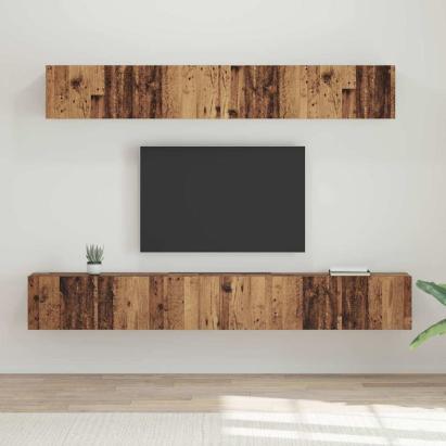 Set dulap TV cu raft Pe perete cu depozitare cu ușă 5 pcs Lemn vechi Mediu Lemn compozit GartenMobel Dekor