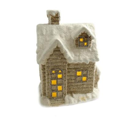 Decoratiune iarna, ceramica, casa cu ferestre luminate, alb si bej, LED, 3xAAA, 25x18x36 cm GartenVIP DiyLine