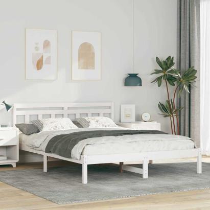 Cadru de pat cu headboard Alb Dublu Standard Lemn de brad GartenMobel Dekor