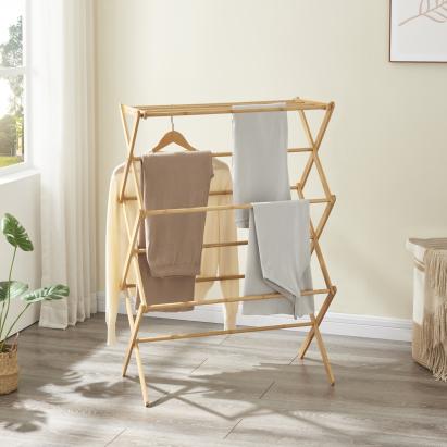 Uscator rufe, en.casa, PXLR-0124 Grinau, 128 x 72 x 44 cm, bambus, natur, pliabil, cu 11 bare HausGarden Leisure
