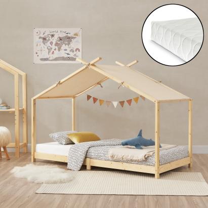 Pat copii, en.casa, PXSD-0002 Brome HKSM, 200 x 90 cm, brad, spuma rece, natur, cu saltea HausGarden Leisure