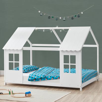 Pat casuta copii design semi deschis Tostedt 140x200 cm brad alb [en.casa] HausGarden Leisure