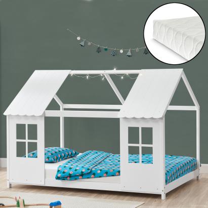Pat copii, en.casa, PXSD-0006 Tostedt HKSM, 200 x 90 cm, brad, spumare rece, alb,150 kg, cu saltea, design semideschis casuta HausGarden Leisure