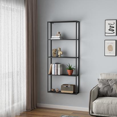 Raft, en.casa,  PXSL-0214 Jamijarvi, 140 x 60 x 18 cm, otel, negru mat, cu 4 polite depozitare, montabil pe perete HausGarden Leisure