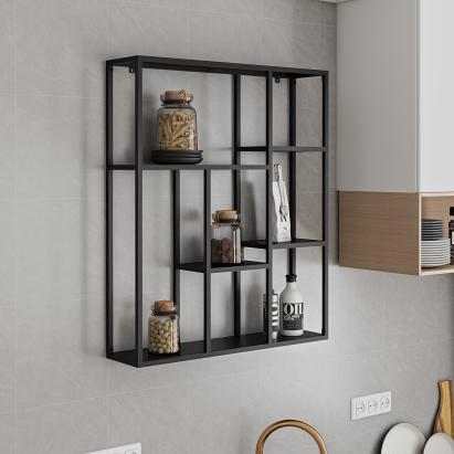 Raft, en.casa,  PXSL-0210 Jamijarvi, 90 x 75 x 18 cm, otel, negru mat, cu 7 polite depozitare, montabil pe perete HausGarden Leisure