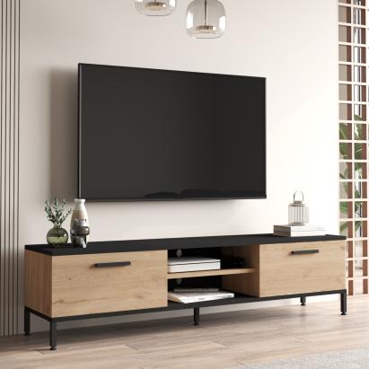 Comoda TV Lempaala 39x160x35cm cu 2 rafturi stejar/negru [en.casa] HausGarden Leisure