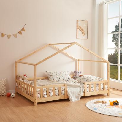 Pat casuta copii cu grilaj protectieTreviolo 200x140cm lemn natur [en.casa] HausGarden Leisure