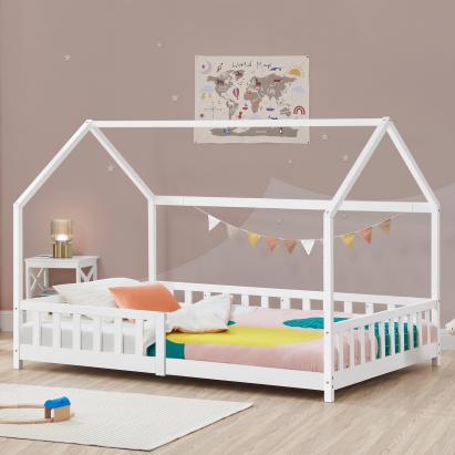 Pat casuta copii cu grilaj protectie Hesel 200x90cm lemn alb [en.casa] HausGarden Leisure