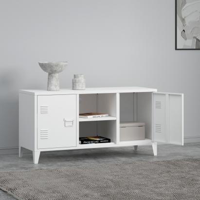 Comoda TV Kotka 113x40x58cm otel alb cu 2 usi [en.casa] HausGarden Leisure