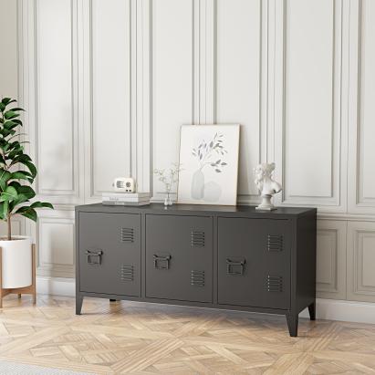 Comoda TV Kotka 113x40x58cm otel negru cu 3 usi [en.casa] HausGarden Leisure