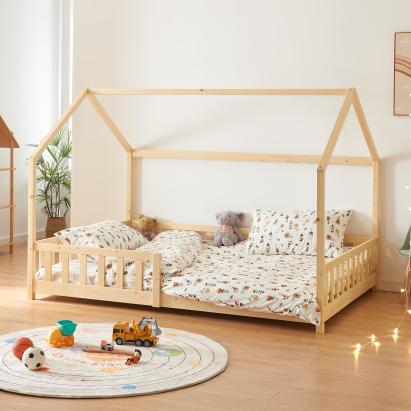 Pat casuta copii cu grilaj protectie Hesel 200x120cm lemn natur [en.casa] HausGarden Leisure
