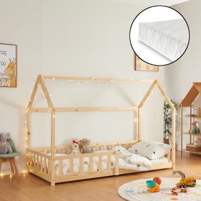 Pat casuta copii cu saltea Hesel 90x200cm brad efect lemn [en.casa] HausGarden Leisure