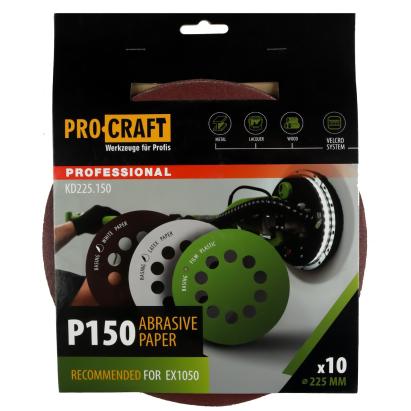 Disc abraziv pentru slefuitor cu excentric KD225.150 PROCRAFT (Set 10 buc)Diametru: 225 mm Granulatie: P150 Innovative ReliableTools