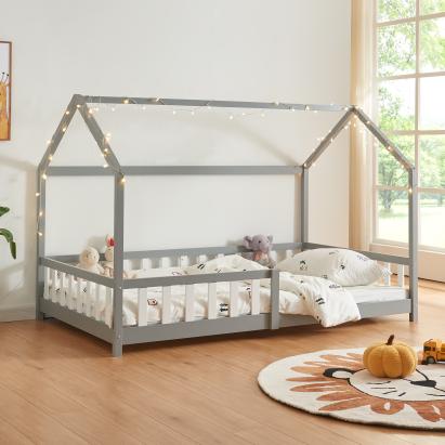 Pat casuta copii cu grilaj protectie Hesel 200x120cm lemn gri [en.casa] HausGarden Leisure