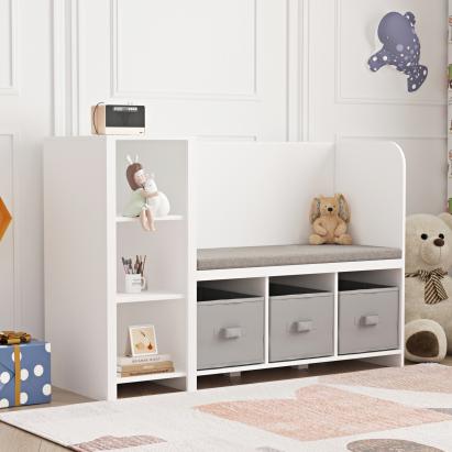 Kinderregal mit Sitzbank Høylandet 76x112x40 cm Weiß/Grau [en.casa] HausGarden Leisure