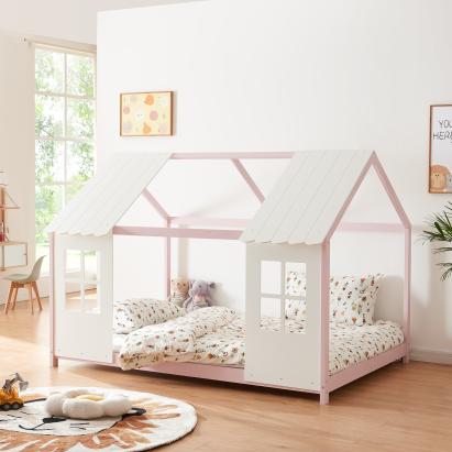 Pat casuta copii design semi deschis Tostedt 120x200 cm brad roz alb [en.casa] HausGarden Leisure