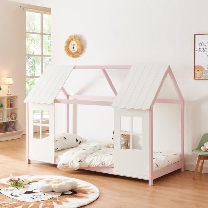 Pat casuta copii design semi deschis Tostedt 90x200 cm brad roz/alb [en.casa] HausGarden Leisure