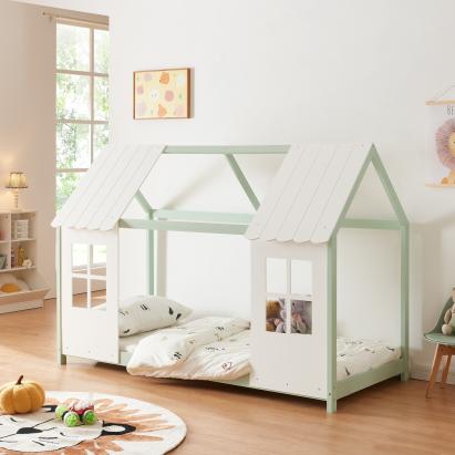 Pat casuta copii design semi deschis Tostedt 90x200 cm brad verde menta/alb [en.casa] HausGarden Leisure