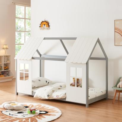 Pat casuta copii design semi deschis Tostedt 90x200 cm brad gri/alb [en.casa] HausGarden Leisure