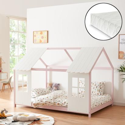 Pat casuta copii cu saltea design semideschis Tostedt 120x200 cm roz alb [en.casa] HausGarden Leisure