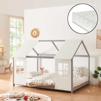 Pat casuta copii cu saltea design semideschis Tostedt 120x200 cm gri alb [en.casa] HausGarden Leisure