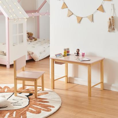Set masa cu scaun copii design cu compartiment depozitare Skjåk natur roz [en.casa] HausGarden Leisure