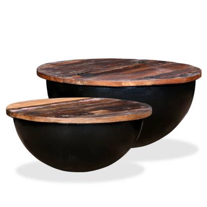 Set măsuțe cafea, 2 piese, negru, lemn masiv reciclat formă bol GartenMobel Dekor
