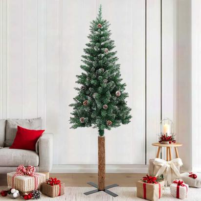 Pom Crăciun artificial subțire, lemn și zăpadă, verde, 210 cm GartenMobel Dekor