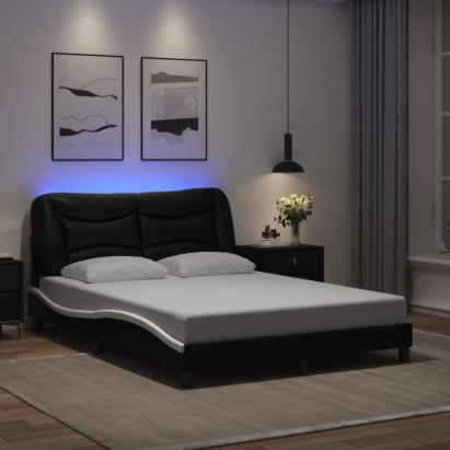 Cadru de pat cu lumini LED negru/alb 140x190 cm piele ecologică GartenMobel Dekor