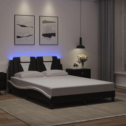 Cadru de pat cu lumini LED negru/alb 140x190 cm piele ecologică GartenMobel Dekor