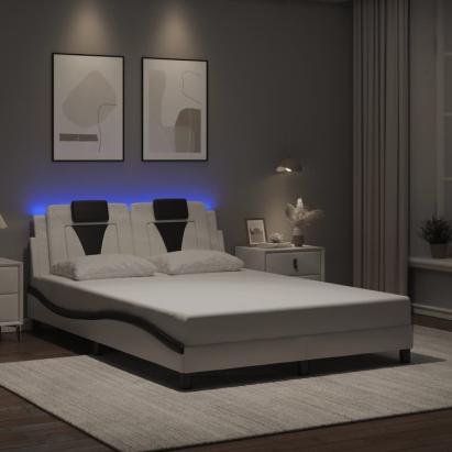 Cadru de pat lumini LED, alb/negru, 140x190 cm, piele ecologică GartenMobel Dekor