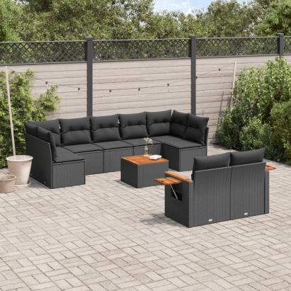 Set canapele de grădină cu perne, 10 piese, negru, poliratan GartenMobel Dekor