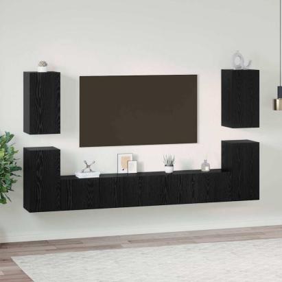 Set comodă TV cu raft Altele cu depozitare cu ușă 7 pcs Stejar negru Lemn compozit GartenMobel Dekor