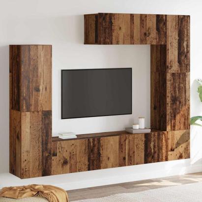 Set TV de 7 piese, montat pe perete, din lemn vechi și lemn compozit. GartenMobel Dekor