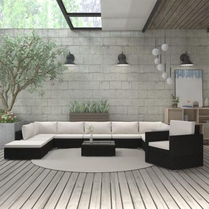 Set mobilier de grădină cu perne, 11 piese, negru, poliratan GartenMobel Dekor