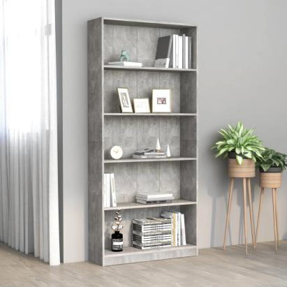 Bibliotecă cu 5 rafturi gri beton, 80x24x175 cm, lemn prelucrat GartenMobel Dekor
