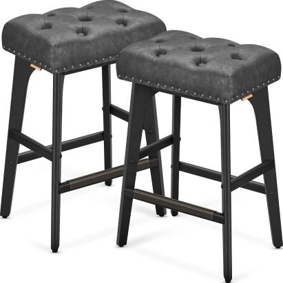 VASAGLE Set 2 scaune bar cu tapiterie piele ecologica, picioare din lemn, 44x32x66 cm, negru Household NewTrend