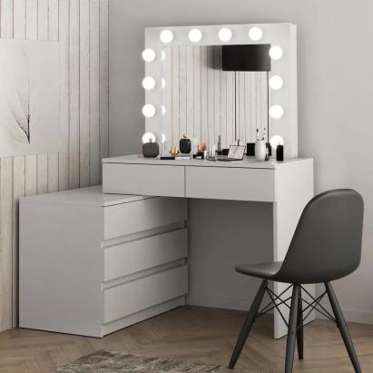 Masa de toaleta si machiaj colt Carla cu oglinda 12 LED si comoda 5 sertare, montaj stanga/dreapta, alb Household NewTrend