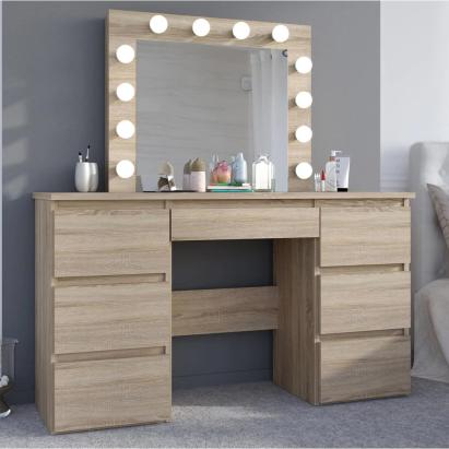 Masa de toaleta si machiaj cu oglinda LED si 7 sertare, 120x43x140 cm, sonoma Household NewTrend