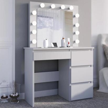 Masa de toaleta si machiaj Hollywood cu oglinda LED si 4 sertare, 94x43x140 cm, alb mat Household NewTrend