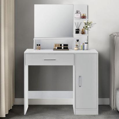 Masa de toaleta cu oglinda, sertar, dulap si rafturi, 90x38x138 cm, alb Household NewTrend
