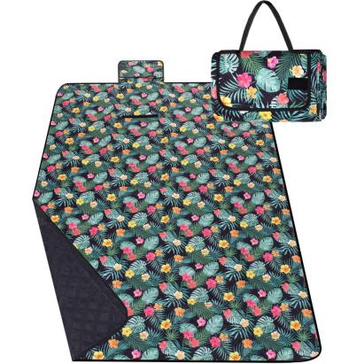 Patura pentru picnic sau plaja, cu folie izolatoare si maner, 200x200cm, negru floral Household NewTrend