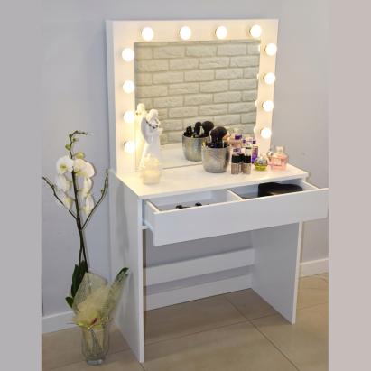 Masa de toaleta si machiaj Hollywood, alba, cu oglinda si 12 LED-uri, 80x40x140 cm Household NewTrend