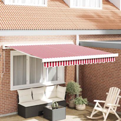 Umbra de soare retractabilă manuală cu dungi roșii și albe 350x250 cm GartenMobel Dekor