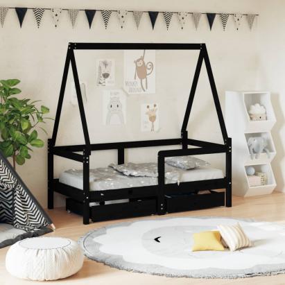 Cadru de pat copii cu sertare, negru, 70x140 cm, lemn masiv pin  GartenMobel Dekor