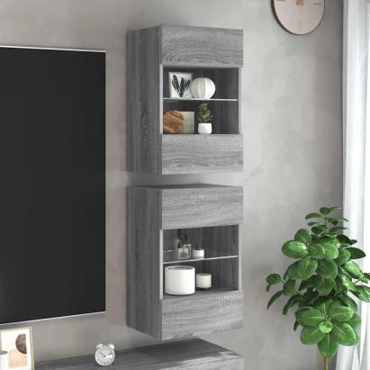 Comode de perete cu lumini LED pentru TV, 2 buc, gri sonoma, 40x30x60,5 cm GartenMobel Dekor