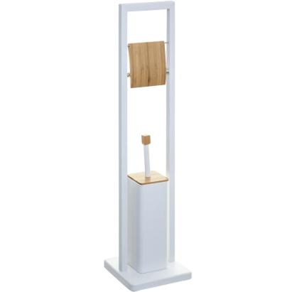 Suport WC cu perie 5Five Natureo, cu suport hartie igienica, metal si bambus, 20x20x80 cm, alb Household NewTrend