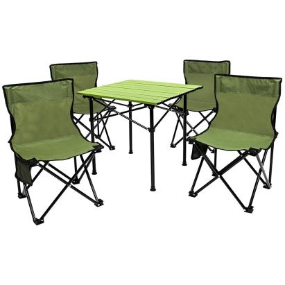 Set camping 5 in 1 cu masa si 4 scaune pliabile, structura otel si blat aluminiu, 53x52x50 cm, verde Household NewTrend