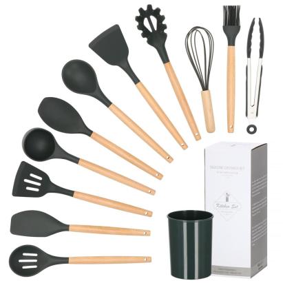 Set Sersimo 12 ustensile de bucatarie din silicon termorezistent si maner din bambus, gri Household NewTrend