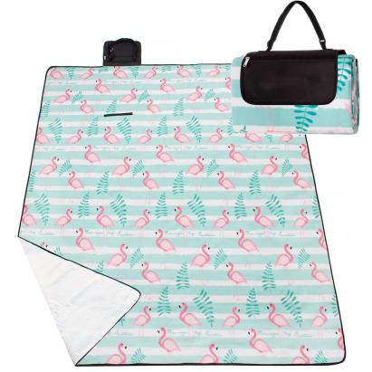 Patura pentru picnic sau plaja, cu folie izolatoare si maner, 200x200cm, flamingo, verde roz Household NewTrend